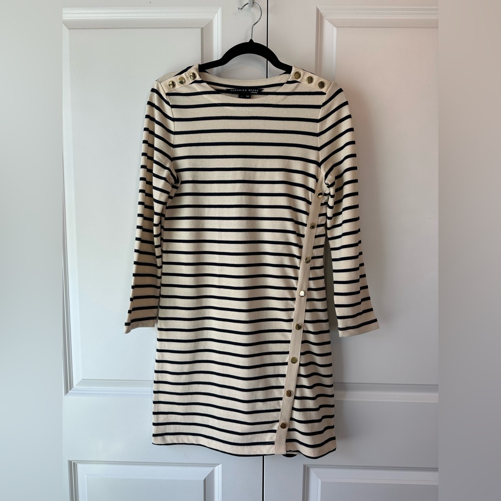 Veronica Beard Women’s Ruta Ivory Striped Cotton Dress Gold Buttons (Size Xs)